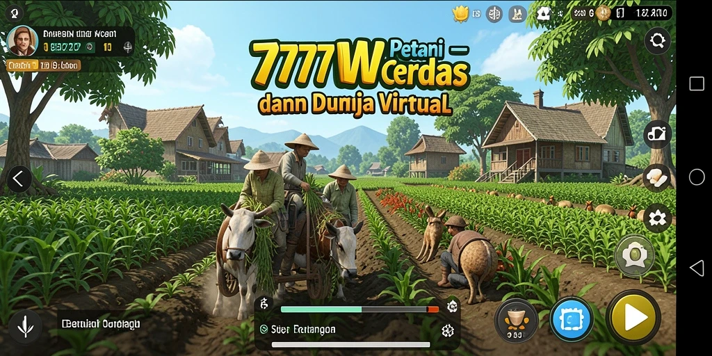 Screenshot gameplay 7777W yang menunjukkan ladang yang subur dan hewan ternak.