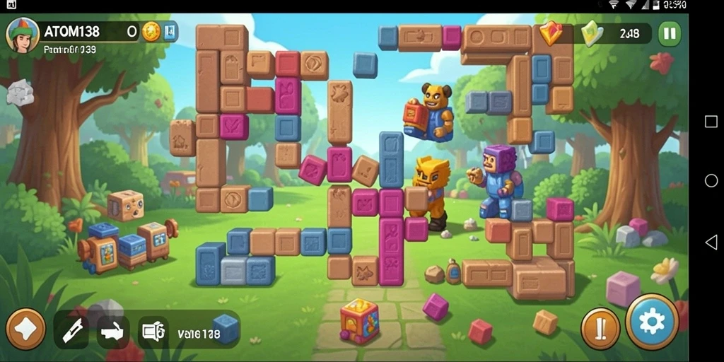 Tampilan gameplay ATOM138 yang menarik dan penuh warna dalam permainan puzzle.