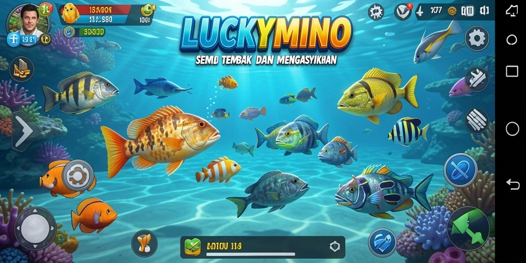 Tampilan gameplay menarik dari LUCKYMINO dengan aksi menembak ikan.