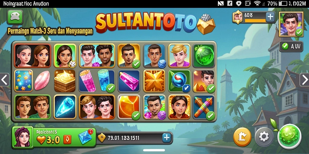 Tampilan gameplay SULTANTOTO dengan berbagai level Match-3.